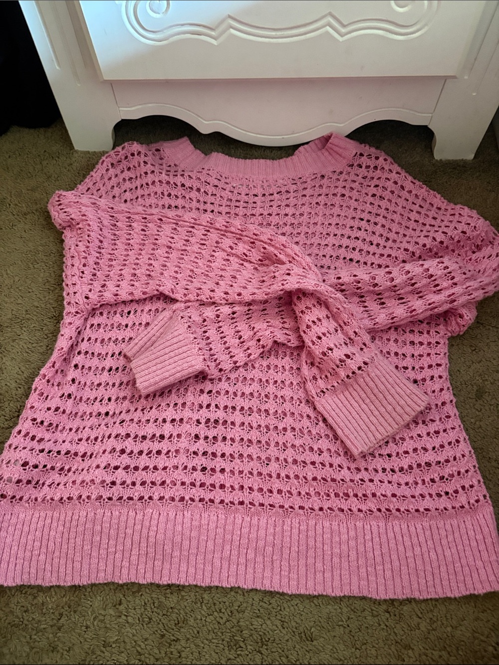 Feminine Pink Open-Knit Crewneck Sweater